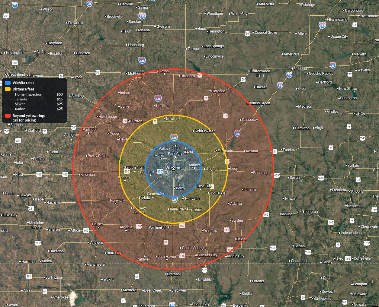 API Home Inspections pricing map showing the blue Wichita standard-rate ring, the yellow distance-fee ring, and the red outer ring where pricing is available by phone